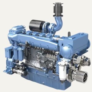 A photo of a marine main engine, showing its various components and fuel lines.